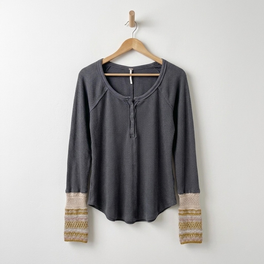 Free People Alpine Cuff Henley Thermal Top L Gray Waffle Knit Everyday Ski Lodge